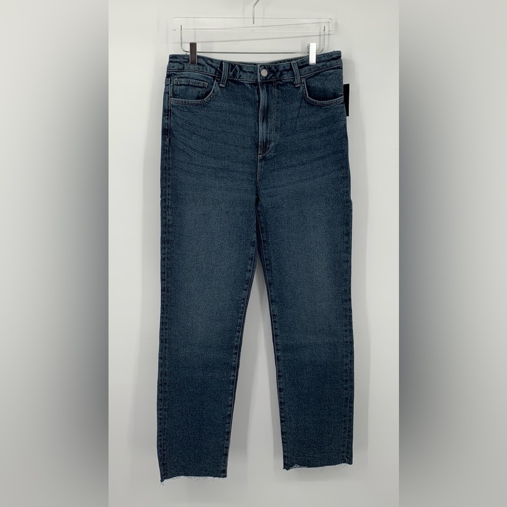 Joes Jeans high rise straight leg denim indigo blue worn raw hem women new 32